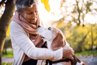 senior woman looking down at her beagle dog outdoors